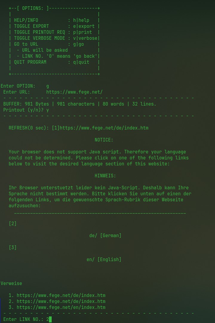 Beispiel einer Browser-Sitzung im Terminal.